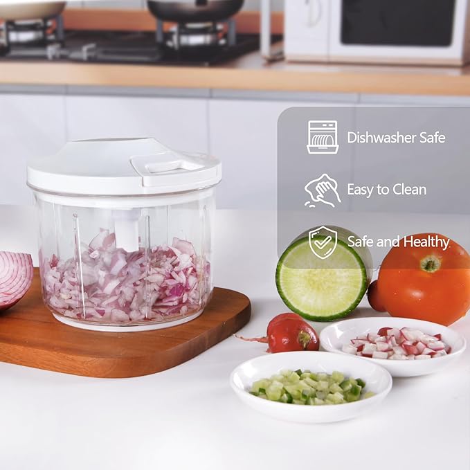 LHS Manual Food Processor Large Vegetable Chopper, 1000ML Pull String Chopper Garlic Mincer Onion Cutter for Veggies,Salad,Fruits, Nuts, BPA Free, WHITE