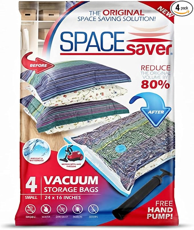 4 Pack Small Vacuum Storage Bags for Comforters, Blankets & Clothes – Vacuum Sealed Compression Bags with Hand Pump – Space Saver Storage Bags for Bedding, Moving, Travel & Organization