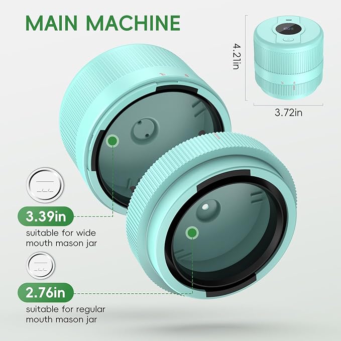 Mason Jar Vacuum Sealer Kit, Electric Sealer for Wide and Regular Mouth Mason Lids, Canning Vacuum Sealer Mason Jar, Automatic Vacuum Sealer Machine for Food Storage - Celadon Blue-Green