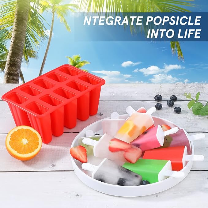 Popsicle Molds,Silicone Ice Pop Molds,BPA Free Popsicle Mold Reusable Easy Release Ice Pop Maker,Homemade Popsicle Mould with Silicone Funnel and Cleaning Brush (Red, 10 Cavities)