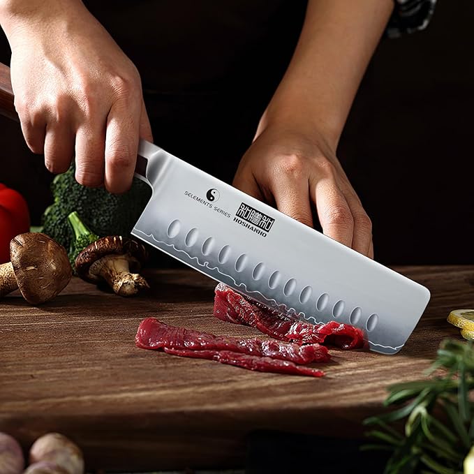 HOSHANHO Nakiri Knife 7 Inch, Hand Forged Japanese High-corbon Steel Chef Knife, Multipurpose Meat and Vegetable Kitchen Knife with Red Sandal Wooden Handle & Gift Box