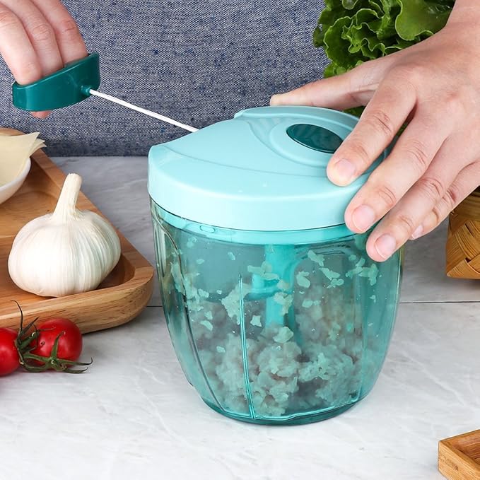 Ourokhome Manual Food Processor Vegetable Chopper, Portable Hand Pull String Garlic Mincer Onion Cutter for Veggies, Ginger, Fruits, etc., 900ml, Teal