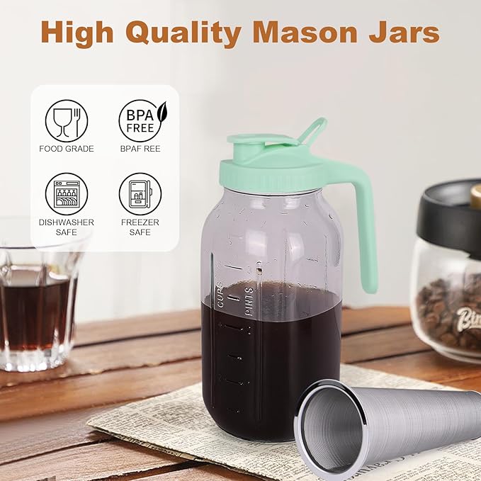 Cold Brew Coffee Maker，64 oz Wide Mouth Mason Jar Pitcher with Stainless Steel Filter, Pour Spout Handle Lid, Heavy Duty Glass Airtight & Leak-Proof Pitcher for iced coffee & Tea Lemonade-Green