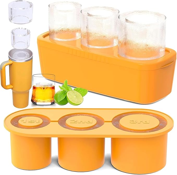 Ice Cube Tray for Stanley Cup, Silicone Ice Mould with Lid & Bin, Long Ice Cubes for 30-40Oz Tumbler, Easy Fill & Release, Perfect for Cocktails, Whiskey, Iced Coffee, Drinks, BPA Free (Yellow)