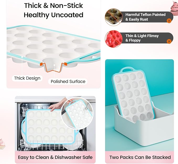 Silicone Mini Muffin Pan With Metal Reinforced Frame - 24 Cups Durable Silicone Cupcake Pan for Muffin, Cupcakes, BPA Free and Dishwasher Safe - 2 Piece Blue