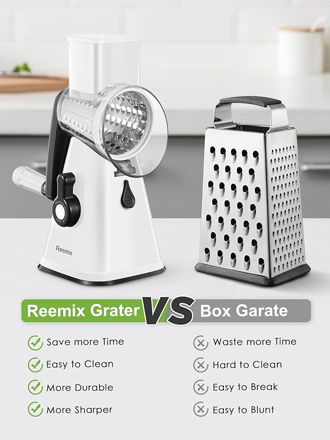 Rotary Cheese Grater with Handle, Reemix Vegetable Cheese Shredder Slicer Grater for Kitchen 3 Changeable Blades for Cheese Potato Zucchini Nuts Chocolate (White)