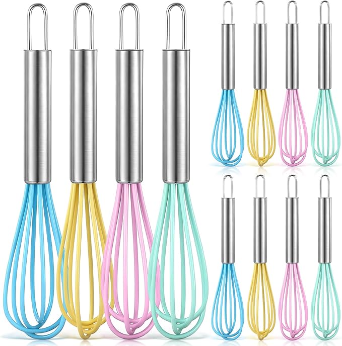 Baderke 12 Pcs 6 Inch Mini Whisks Bulk with Stainless Steel Handles Small Silicone Kitchen Whisks Non Stick Tiny Balloon Wire Whisk for Mixing Stirring Baking Cooking Party Favor Gift(Macaron)