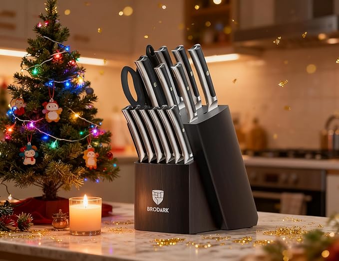 BRODARK Kitchen Knife Set with Block and Sharpener,15 PCS High Carbon Stainless Steel Knife Block Set, Ergonomic Pakkawood Handle for Christmas Kitchen Cooking