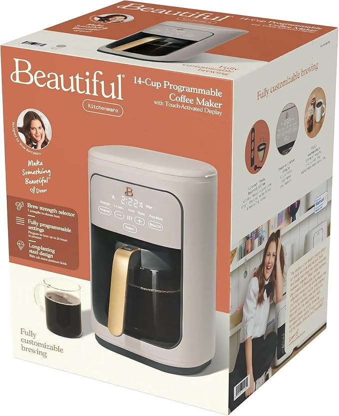 Beautiful 14-Cup Programmable Coffee Maker with Touch-Activated Display – Brew Hot Coffee Fast, Keep Warm & Auto-Pause (Porcini Taupe)