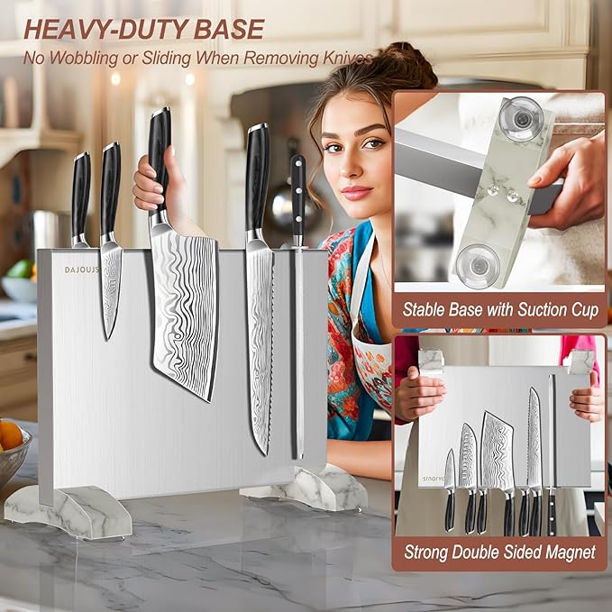 Magnetic Knife Block, Magnetic Kitchen Knife Holder Stand with Strong Magnet Strip for Kitchen Counter, Stainless Steel Double-Sided Universal Knife Storage Rack Organizer Without Knives