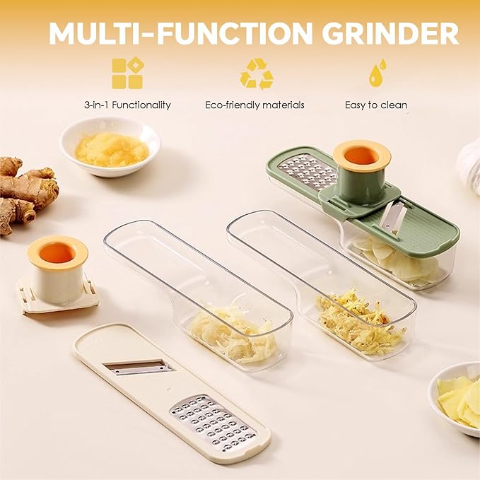 Multi-Function Garlic Grinder, 3-in-1 Garlic Chopper & Slicer with Airtight Container Easy-Clean Multi-Purpose Mandoline Slicer with Wire Scrubber and Kitchen Hook (White)
