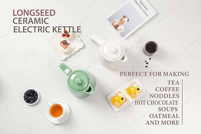 Ceramic Electric Kettle, 1.5L/1200W Boil Water Quickly and Easily with Boil-Dry Protection Auto Shut Off, Detachable Swivel Base, White Relief Carving