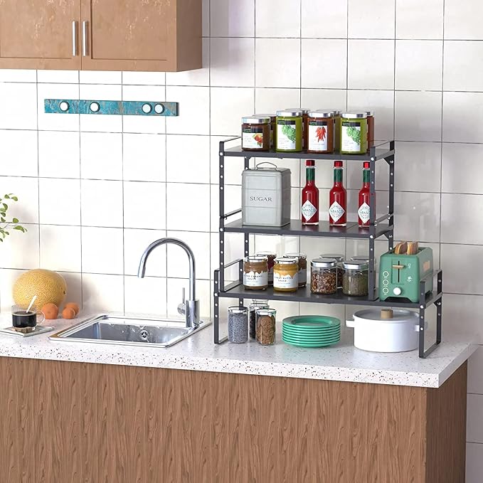 Expandable Kitchen Cabinet Shelf Organizers 3 Pack, Stackable Metal Pantry Storage Shelves Rack, Adjustable Counter Shelf for Cabinets, Countertop, Cupboard Organizers and Storage, Black