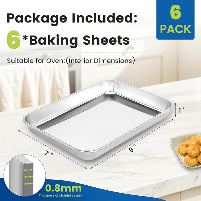 6 Pack Stainless Steel Baking Sheet Pans, 9" L × 7" W × 1" H Cookie Sheets for Toaster Oven, Rust-Resistant, Dishwasher Safe