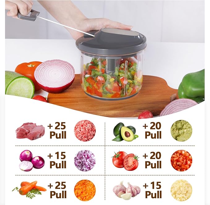 LHS Manual Food Processor Large Vegetable Chopper, 1000ML Pull String Chopper Garlic Mincer Onion Cutter for Veggies,Salad,Fruits, Nuts, BPA Free, GREY