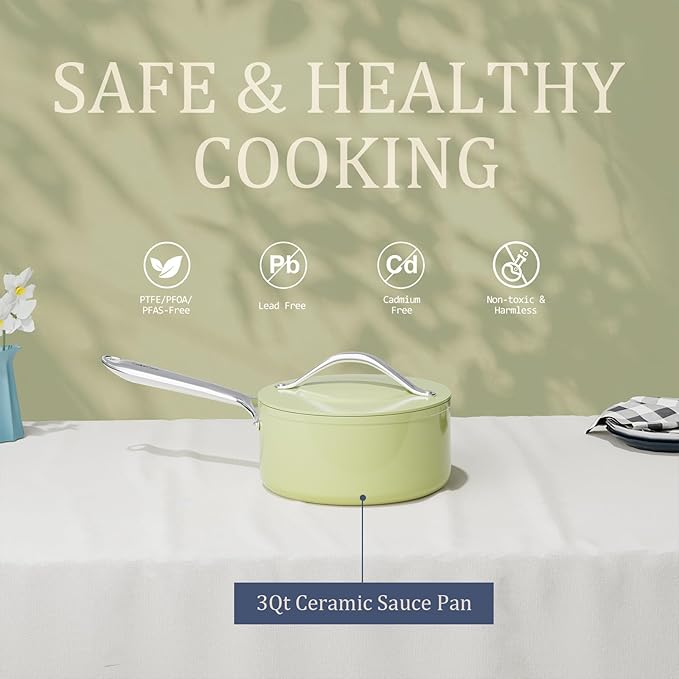 3.5QT Nonstick Ceramic Sauce Pan with Lid 8 inch Ceramic Cookare Even Heat Distribution Non Toxic PFAS-Free Healthy Soup Pot for All Stovetops, Oven & Dishwasher Safe 500°F, Olive Green