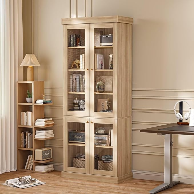 70.8" Tall Brown Bookshelf with Glass Doors, Farmhouse Modular Bookcase with 6-Tier Adjustable Shelves, Large Storage Cabinet for Home Office, Living Room, Set of 4