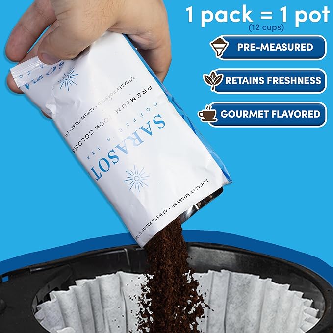 Sarasota Coffee Ground Packets | Gourmet Colombian Medium Roast Ground Coffee Packs | Columbian | Low Acid Mold Free Individual Single Pot Pouches for 12 Cup Coffee Maker | 2 Ounce Bags, 12 Count