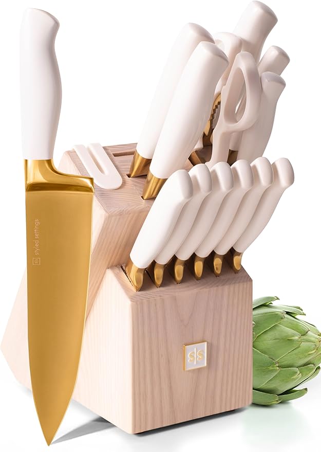 White and Gold Knife Set with Block Self-Sharpening – 14-Piece Titanium Coated Gold and White Kitchen Knives with Ashwood Block and Built-In Sharpener – Luxury Kitchen Accessories, Ideal Gift