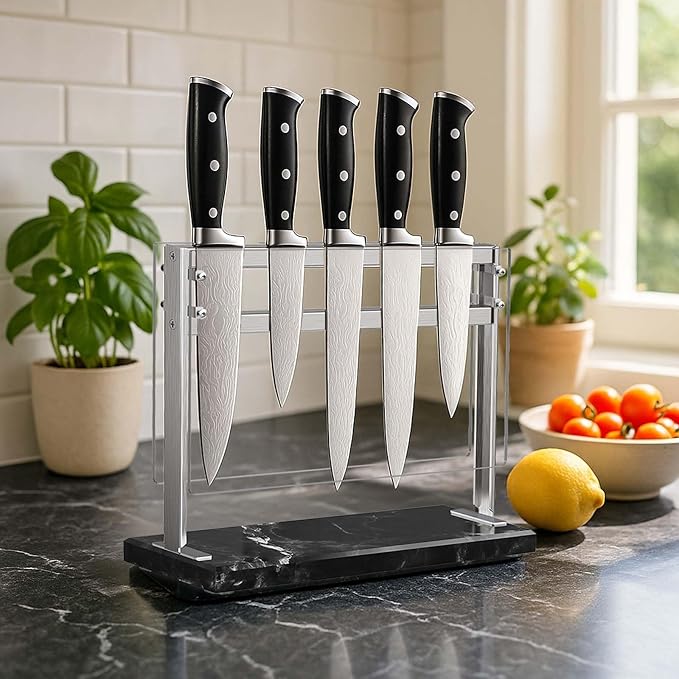 Acrylic Shield Magnetic Knife Block Holder - Marble Base Magnetic Knife Stand for Counter Top -Double Sided Magnetic Knife Holder -Stainless Steel Kitchen Knife Block without Knives -Black