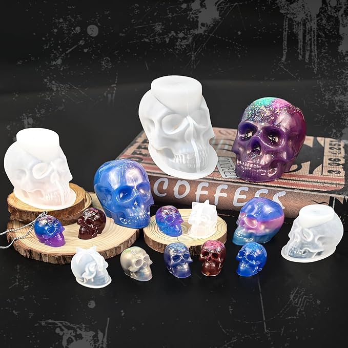 7 Pcs Skull Molds for Resin, Set of Large + Medium + Small + Mini 3D Skull Silicone Mold for Candle Wax Soap Clay Epoxy Resin Casting, Halloween Home Decoration