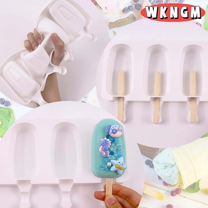 3pcs Large Silicone Popsicle Molds with Lids,4 Cavities Cake Pop Molds,Oval Ice Cream Bar Mold Ice Pop Cakesicle Molds Silicone with 100 Wooden Sticks & 100 Bags &100 Twist Ties(White)