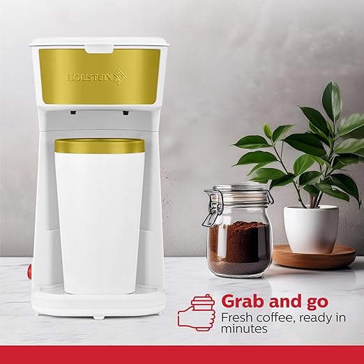 Holstein Housewares Personal Coffee Maker with 14oz Travel Mug – Compact One-Touch Brew Machine with Reusable Filter, Auto Shut-Off, Non-Stick Plate, Ideal for Home, Office, or Dorm. White & Gold