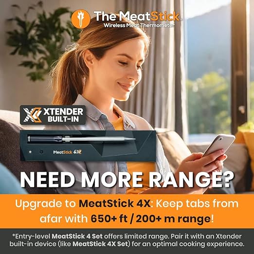 MeatStick 4 – Smart Wireless Meat Probe with 4 Sensors & Limited Range | Bluetooth Thermometer (Up to 165 ft Outdoors; Much Lower in Grill/Oven/Smoker)