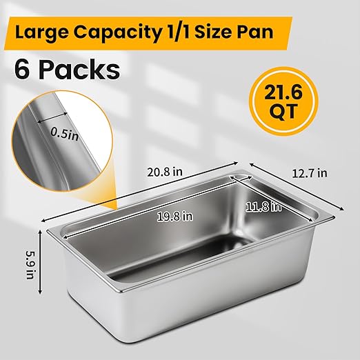 Full Size Hotel Pans 6 Inch Deep Stainless Steel Food Pan - Anti-Jam 6 Pack Steam Table Pan Set for Catering, Buffet Use, Kitchen Prep