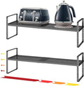 Hole Pattern Expandable Shelf Organizer,2Pack 8.1" Wide Easy to Assemble Cabinet Organizer Shelf, 16.5~27.1" Adjustable Height&Stackable Spice Organization for Cupboard, Black