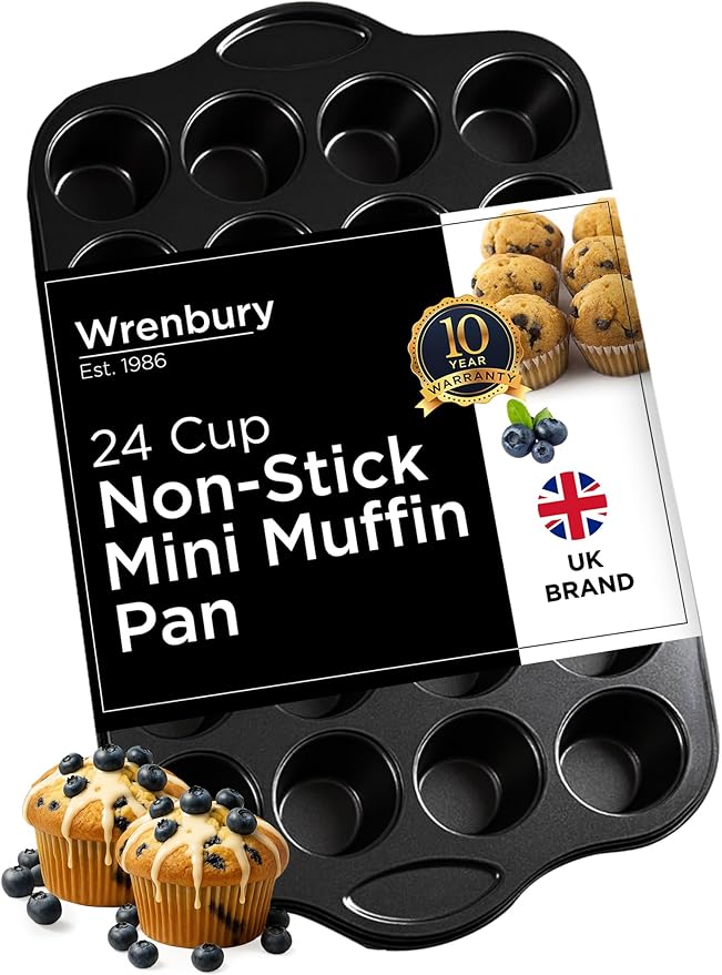 Wrenbury Mini Muffin Pan Non Toxic - Non Stick 24 Cup Small Cupcake Tray for Baking Joyful Bites - Dishwasher Friendly - Health Concious Baking - 1.8" Cup