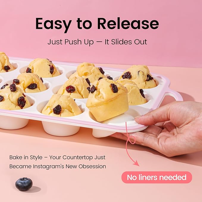 Silicone Muffin Pans for Baking 2 Pack, 2.6 Inch with Metal Reinforced Frame, Regular Size Nonstick Silicone Cupcake Pan for Baking Homemade Muffins, Cupcakes, Dishwasher Safe BPA Free-Pink