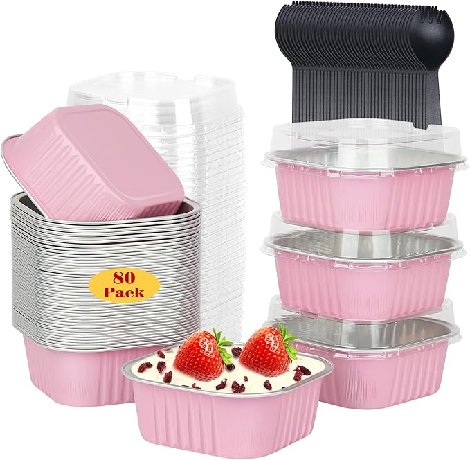 5oz/80pack Mini Cake Tins Cupcake Pan with Lids,LNYZQUS Aluminum Foil Baking Cups,Disposable Ramekins Small Brownie Muffin Pans Mini Cheesecake Containers for Home Bakery-Pink