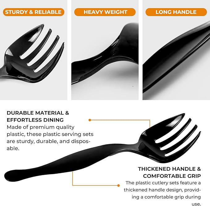 18 Count Plastic Serving Utensils Set, Disposable Serving Utensils for Catering Party Events, Including Black Plastic Spoons, Tongs and Forks (Black, 18pcs utensils)