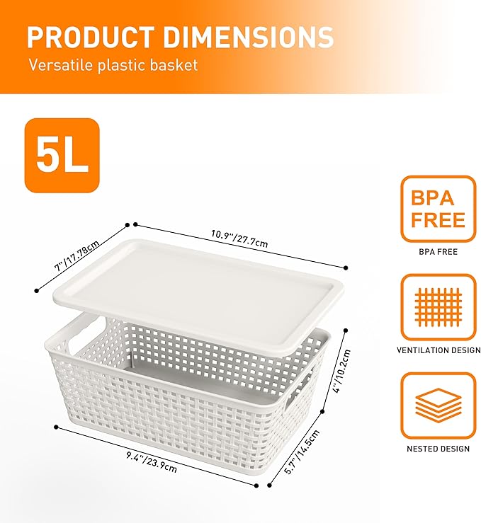 Plastic Storage Baskets With Lid, Storage Bins for Organizing, Stackable Decorative Containers for Shelves Drawers Desktop Closet Playroom Classroom Office, 6 Pack- White