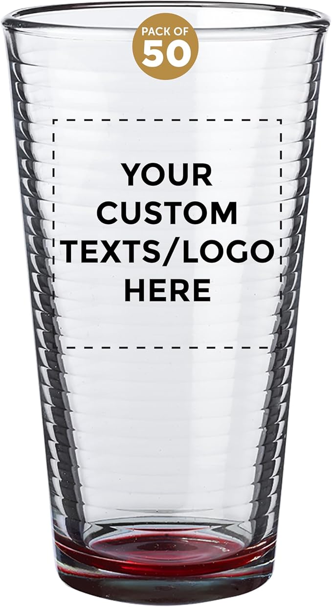 Custom Spiral Pint Glass 16 oz. Set of 50, Personalized Bulk Pack - Beer Glasses, Heavy Duty Drinkware - Red