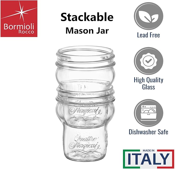 Bormioli Rocco Quattro Stagioni Stacking Jar - 9.25 Oz Glass Jar - Nestable & Stackable, Wide‑Mouth for Canning, Serving & Storing - Dishwasher & Freezer‑Safe Glass Container, Made in Italy