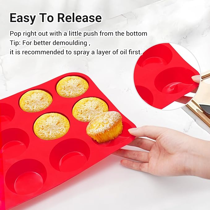 Redfly 3 Pack Silicone Muffin Pan & Cupcake Pans for Baking - 12 Cup Regular Size BPA Free Egg Bites Molds