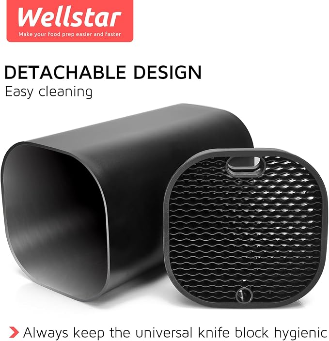 Universal Knife Block for Kitchen, WELLSTAR Knife Holder without Knives, Safe Space Saver Large Volume Stable Knife Storage with Scissors and Sharpening Rod Slot, Detachable for Easy Cleaning - Black