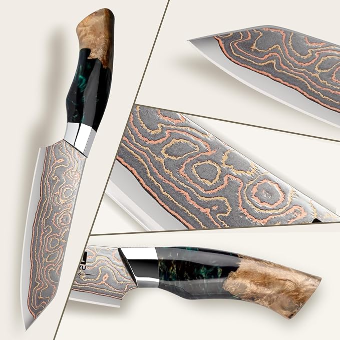SHAN ZU Damascus Paring Knife 3.74 Inch, Japanese Paring Knives Copper & Damascus Steel High Carbon 33 Layer Hand Forged, Ultra Sharp Fruit Knife Carving Knives with Maple Wood Handle