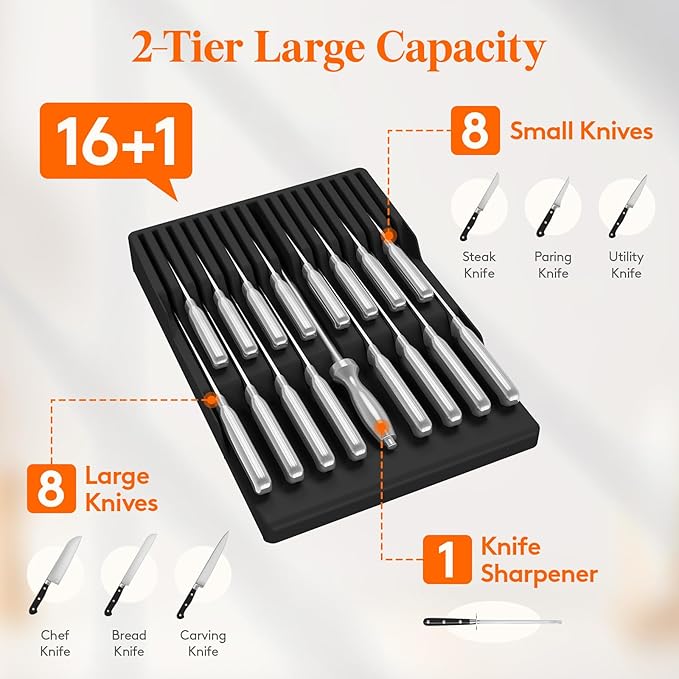 Lifewit Magnetic Drawer Knife Organizers Insert, Kitchen Plastic In Drawer Knife Block Slots for 16 Knives and 1 Sharpening Steel, Extra Large Steak Chefs Knives Holder Storage Sets, Black
