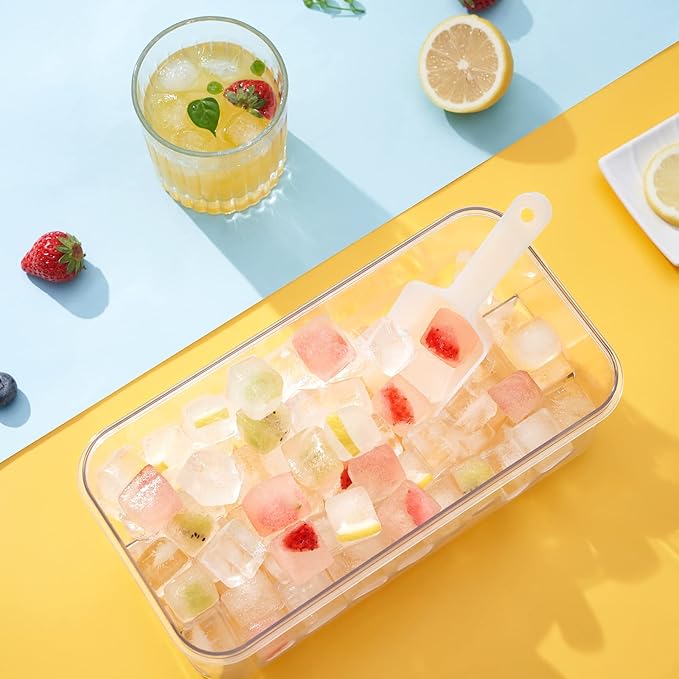 PHINOX Ice Cube Tray with Lid and Bin, Ice Trays for Freezer, Flexible Ice Cube Trays, Making 64 pcs Ice Cubes, Chilling Cocktail, Whiskey, Coffee, with 2 trays, Ice Container, Scoop&Cover, BPA Free