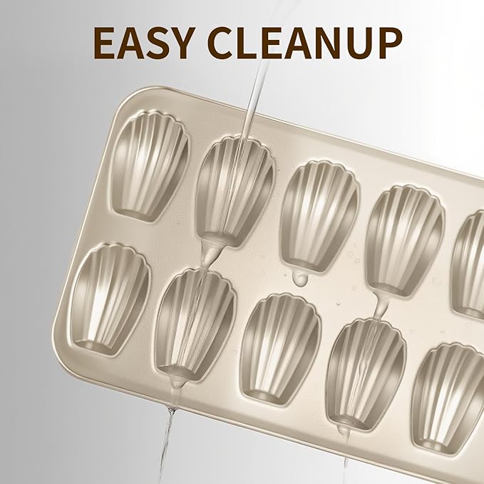 Madeleine Pans Set of 2, Nonstick 12-Cavity Madeleines Mold Cookie Tray for Baking, Heavy Duty Warp Resistant Cute Shell Shape Madeleine Mold Cake Pan-Gold
