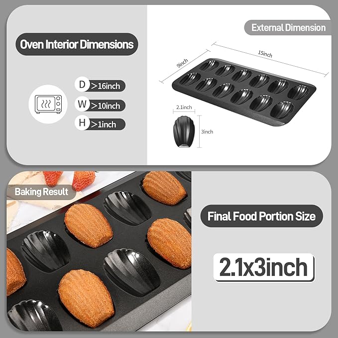 2 Pack Madeleine Pans for Baking, 12 Cavity Heavy Duty Shell Shape Baking Mold Nonstick Cookie Cake Pan for Oven（BLACK）