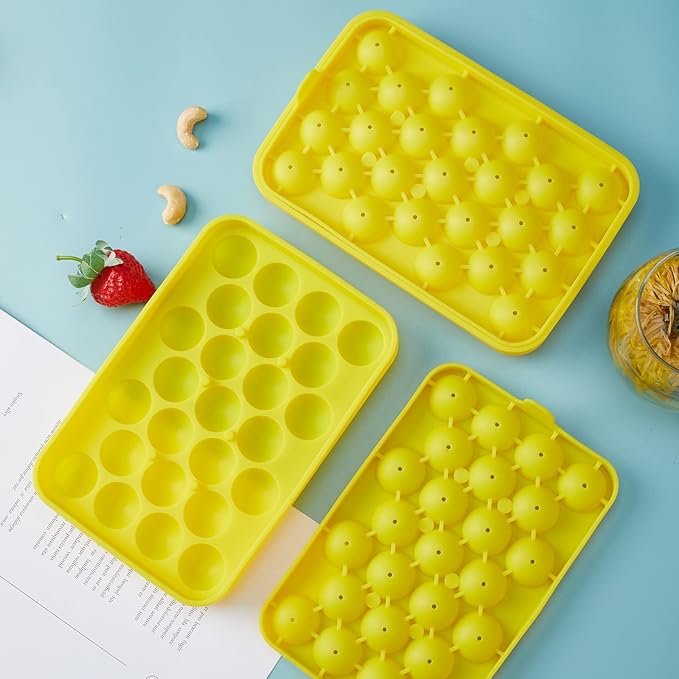 Round Ice Cube Tray 2 Pack BPA Free Silicone Flexible Easy Release 1.1 Inch x 50PCS Small Ice Ball Maker Mold for Whiskey, Cocktail, Chilling (Yellow)