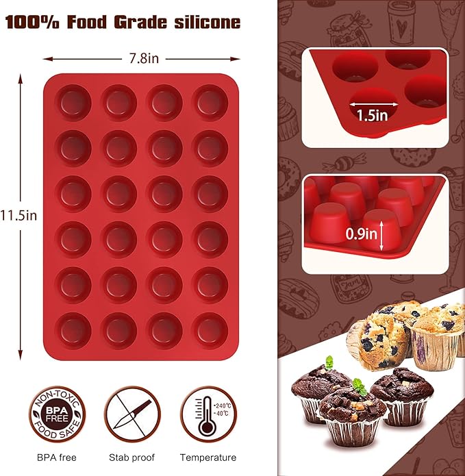 SILIVO 2-inch Deep Mini Muffin Pans Nonstick 24 Cup (2 Pack) - Mini Cupcake Pans - Silicone Muffin Tins for Muffins, Cupcakes and Egg Bites
