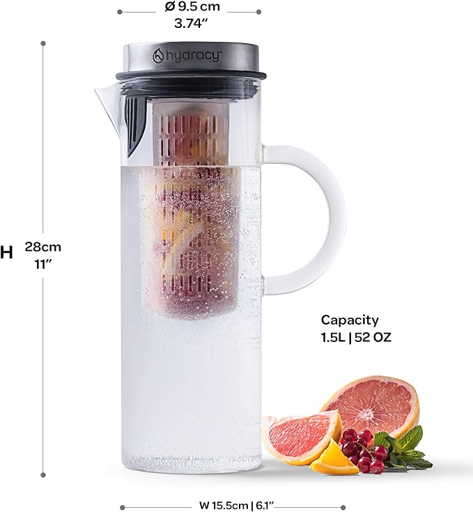 Cold Brew Coffee Maker - Large Glass Infusion Pitcher 1.6 Quarts 52oz - Iced Coffee & Iced Tea Pitcher with Stainless Steel Lid & Fruit Infusion Tube - Perfect for Home or Office
