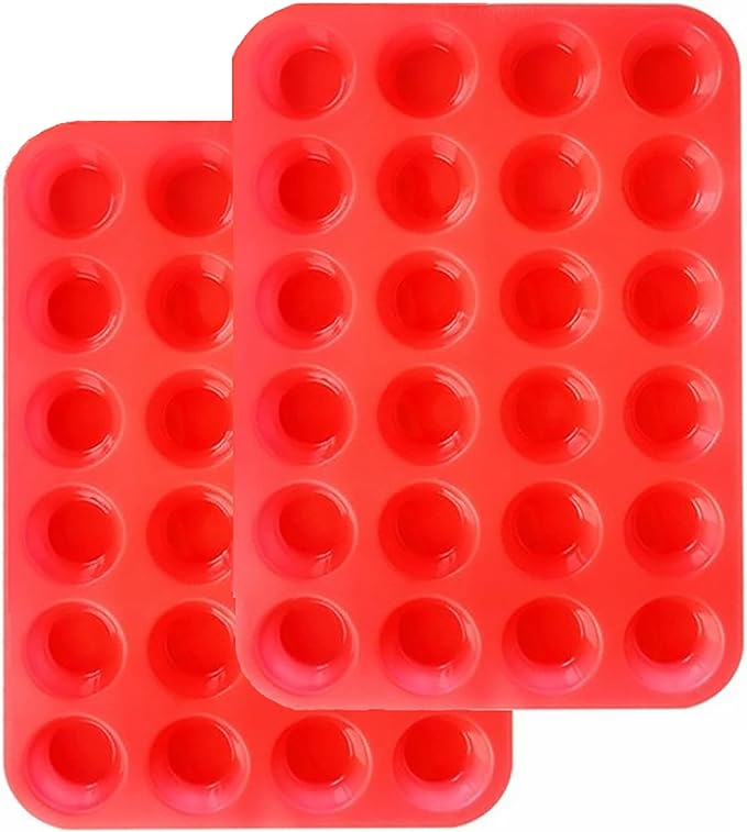 Mini Muffin &Cupcake Set, 24 Cups 2-Pieces, Nonstick Silicone Baking Pan, BPA Free and Dishwasher Safe, Great for Making Muffin Cakes, Tart, Bread (24 Cups Red,2 PCS)