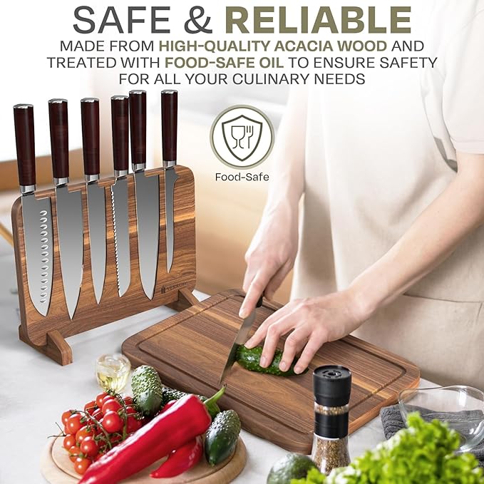 Magnetic Knife Block with Acacia Wood Cutting Board - Extra Large 15.5x10.5x0.75In Magnetic Knife Block Set with Chopping Board Knife Holder Charcuterie Display Storage Organizer for Kitchen Counter
