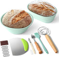 Silicone Banneton Bread Proofing Basket Set, 2 Foldable Sourdough Proofing Baskets (9" Round & 10" Oval), Complete Set for Bread Making With Essential Tools, Green